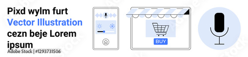 Smartphone screen with microphone, digital storefront with shopping cart, and voice recognition. Ideal for e-commerce, smart technology, online shopping, automation, innovation, AI tools flat