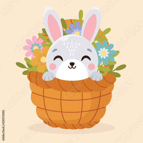 Cute hare in a basket with flowers. Vector illustration in flat style