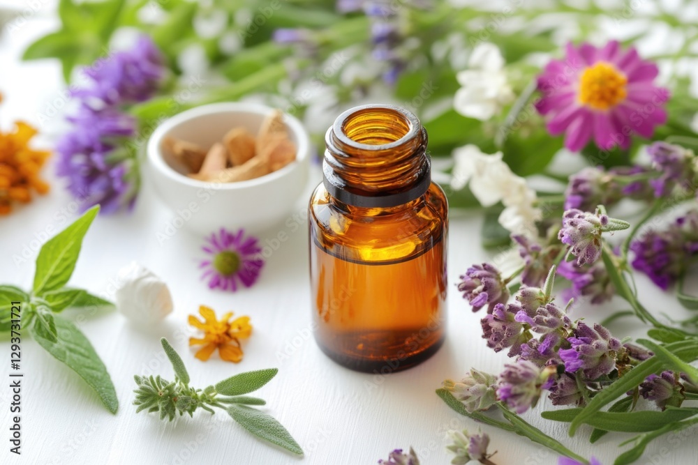A bottle of essential oils surrounded by colorful flowers A bottle of essential oils surrounded by colorful flowers