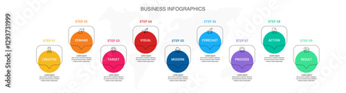 Modern Business Infographic with Speech Bubble Circles – 9 Steps Process, Workflow Chart, Timeline Template