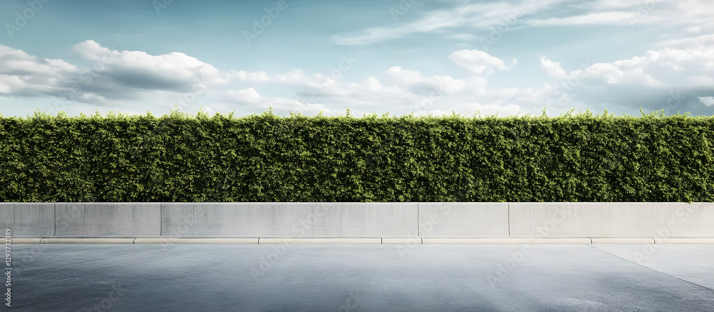 Fototapeta premium A long concrete wall with a hedge on top, next to a cement sidewalk and an asphalt street, creates a background suitable for a copy space image.