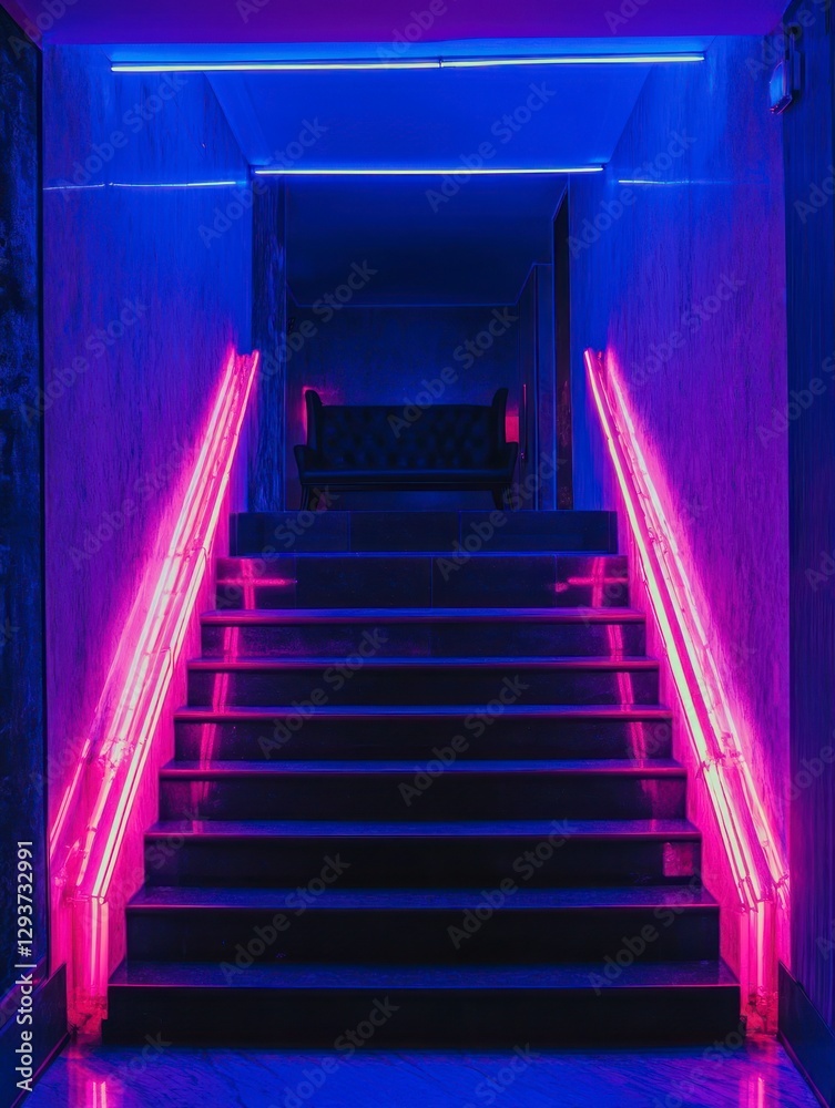 dark room with blue lighting, neon pink tubes on the left and right of each stair in an empty mansion