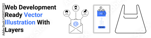 Envelope with at-sign, connected avatars, smartphone interface with user stats, shopping bag illustration. Ideal for connectivity, networking, business, email marketing, mobile apps analytics flat