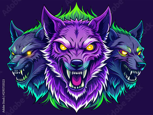 vector of  Three headed wolf with glowing green eyes and purple fur. Dark background, scary and threatening