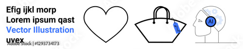 Heart icon, tote bag with labeled tag, and AI gear on human profile in outline art. Ideal for technology, fashion, ecommerce, love, AI solutions retail innovation. Flat landing page banner