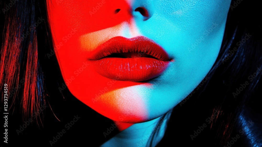 Fototapeta premium Woman's lips, red and blue light, close-up, beauty, fashion