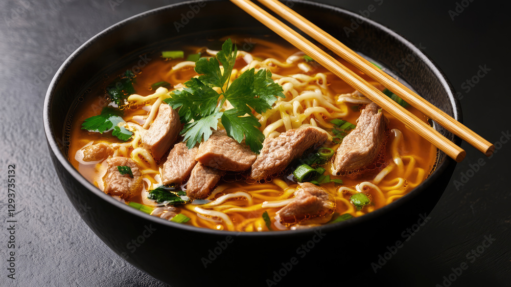 Delicious asian classic soup with noodles and meat and wooden chopsticks. Copy space. Delicious asian classic soup with noodles and meat and wooden chopsticks. Copy space.