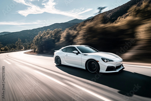 White Sportscar on Scenic Road: A sleek, white sportscar speeds along a winding road, showcasing motion against a picturesque backdrop of rolling hills, capturing the thrill of driving.