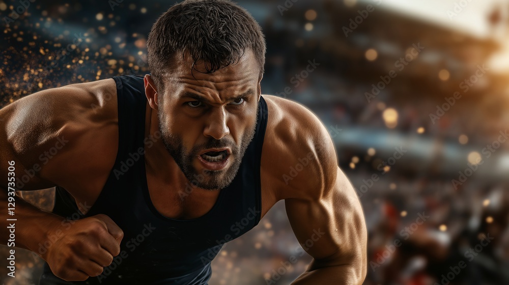 Muscular man in tank top staring intensely with clenched fist raised.
