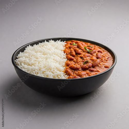 bowl of rice and curry. A Rajma Chawal Bowl precisely split into two equal halves. One half contains a generous serving of fluffy basmati rice, while the other half is filled with a hearty Rajma curry