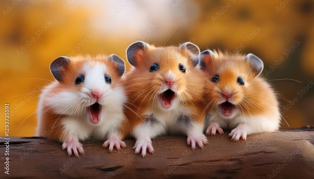Three Screaming Surprised Cute Hamsters in a Nature Scene, Adorable Furballs Displaying Emotional Energy and Vibrancy Amongst Lush Greenery Three Screaming Surprised Cute Hamsters in a Nature Scene, Adorable Furballs Displaying Emotional Energy and Vibrancy Amongst Lush Greenery