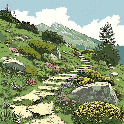  A stunning Alpine rock garden featuring natural stone, hardy plants, and mountain-inspired landscape design.