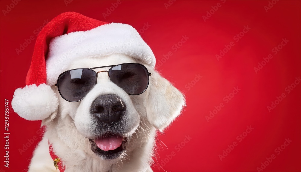 Merry Christmas Greeting Card Cool Santa Claus Dog Frolicking in a Winter Wonderland, Radiating Cheerful Mood and Holiday Spirit. Merry Christmas Greeting Card Cool Santa Claus Dog Frolicking in a Winter Wonderland, Radiating Cheerful Mood and Holiday Spirit.