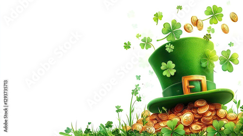 St. Patrick's Day celebration features green shamrocks and leprechauns. Green Hat Surrounded by Coins and Shamrocks for Festive Celebration