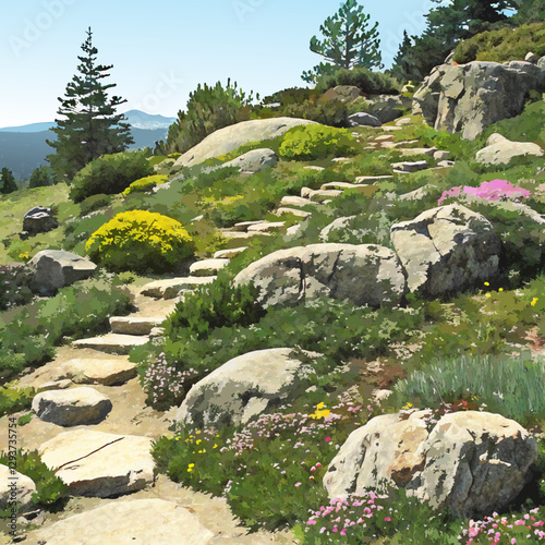  A stunning Alpine rock garden featuring natural stone, hardy plants, and mountain-inspired landscape design.