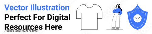 T-shirt sketch, confident woman leaning casually, shield with a tick mark. Ideal for e-commerce, lifestyle, safety, branding, digital marketing, fashion and UI design flat landing page banner