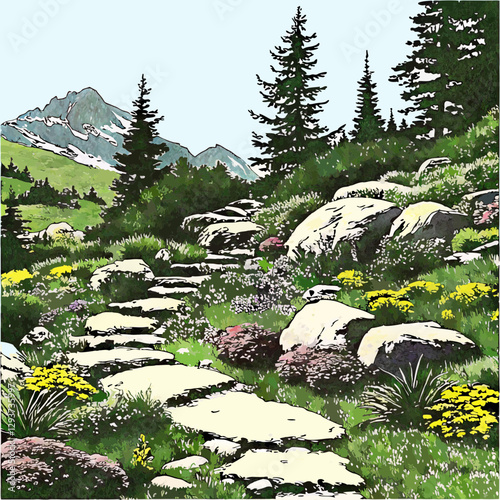  A stunning Alpine rock garden featuring natural stone, hardy plants, and mountain-inspired landscape design.