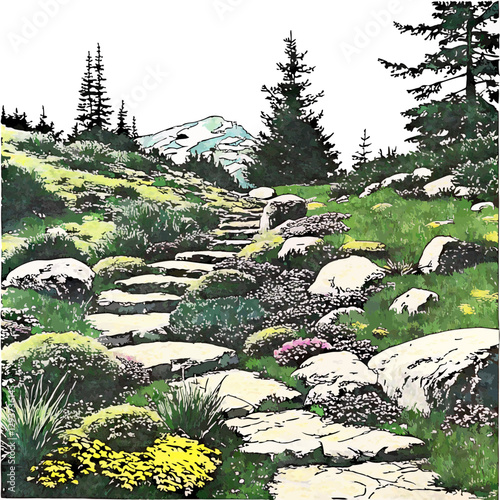  A stunning Alpine rock garden featuring natural stone, hardy plants, and mountain-inspired landscape design.