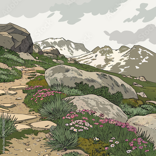  A stunning Alpine rock garden featuring natural stone, hardy plants, and mountain-inspired landscape design.