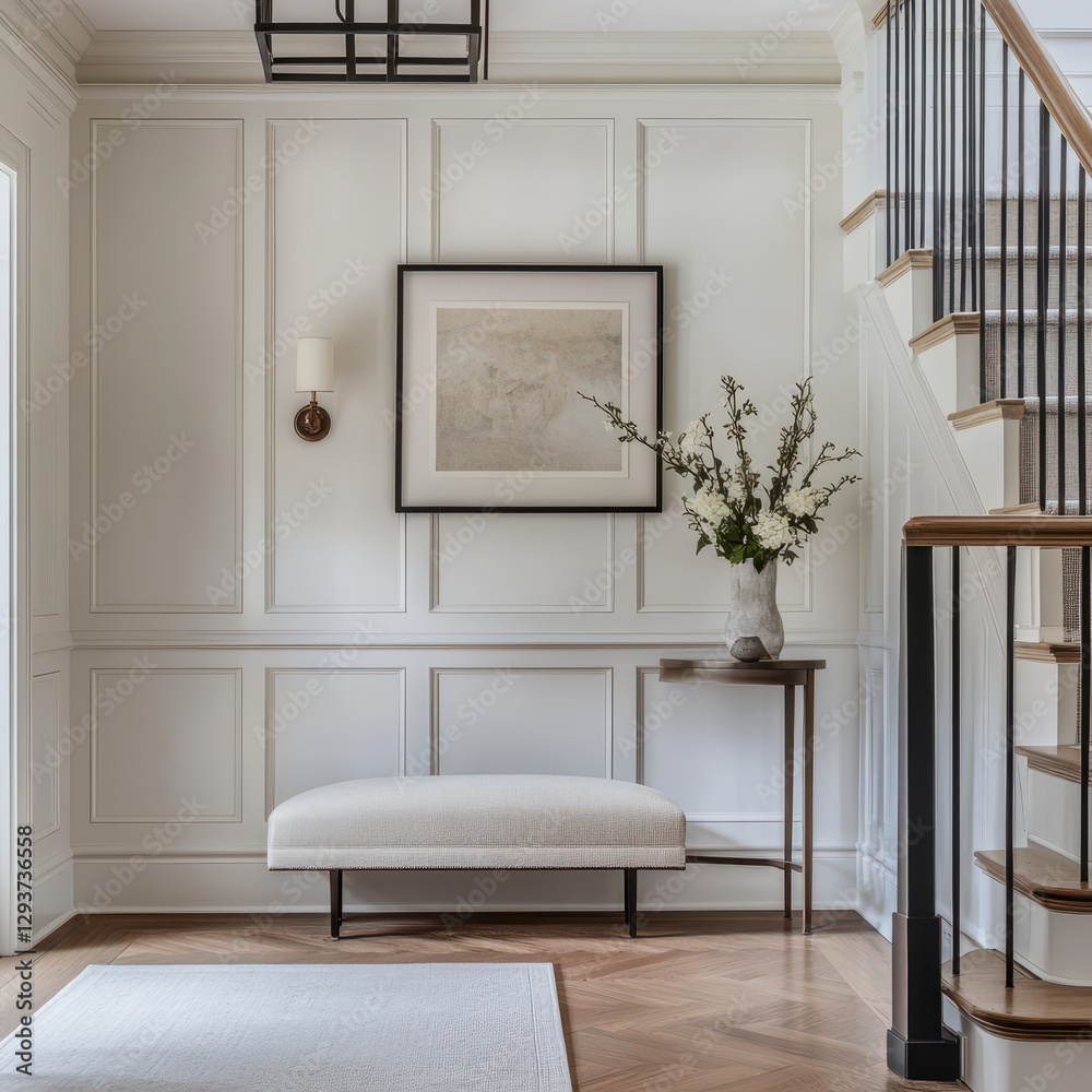A well designed elegant room featuring a wooden staircase A well designed elegant room featuring a wooden staircase