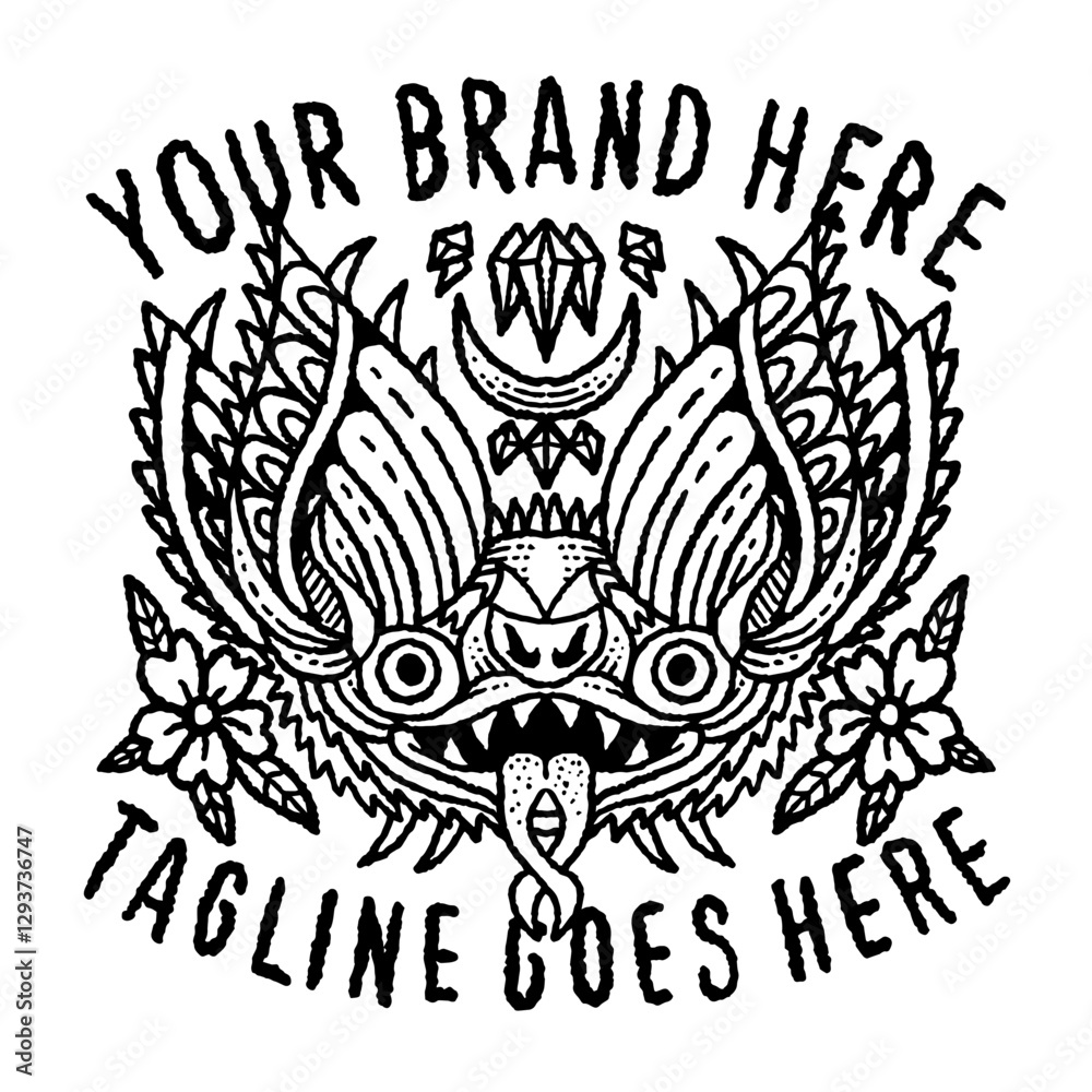 Obraz premium Tshirt design illustration pre-made clothing tattoo modern traditional bat skull devil flower chain diamond