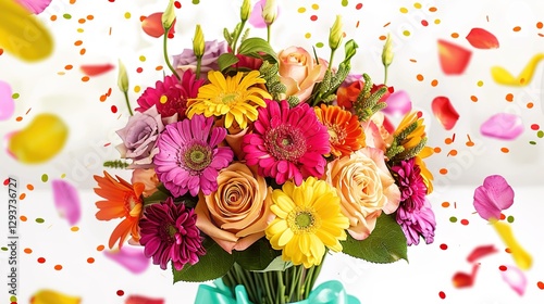 Vibrant Birthday Bouquet with Fresh Flowers, Joyful Floral Arrangement for Celebrations, Party Decorations, Festive Greeting Card Background