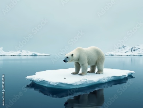 Polar bear standing on shrinking ice floe symbolizing climate change and habitat destruction photo