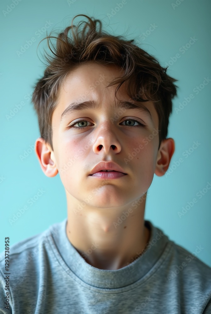 Tired teenage boy expressing boredom on light blue background Tired teenage boy expressing boredom on light blue background