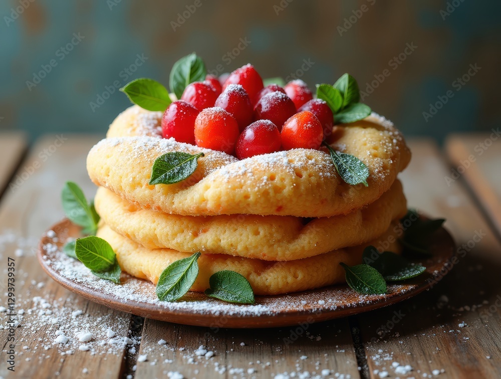 Layered cake with cherries and powdered sugar, creating a tempting dessert for any occasion Layered cake with cherries and powdered sugar, creating a tempting dessert for any occasion