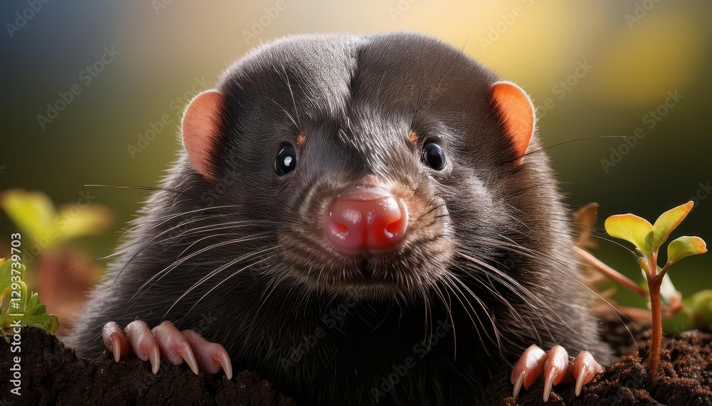 Mysterious Mole Head Emerging from Earths Crust in a Whimsical, Surrealistic Scene, Showcasing Rich Textures and Vibrant Hues on a Dark Background. Mysterious Mole Head Emerging from Earths Crust in a Whimsical, Surrealistic Scene, Showcasing Rich Textures and Vibrant Hues on a Dark Background.