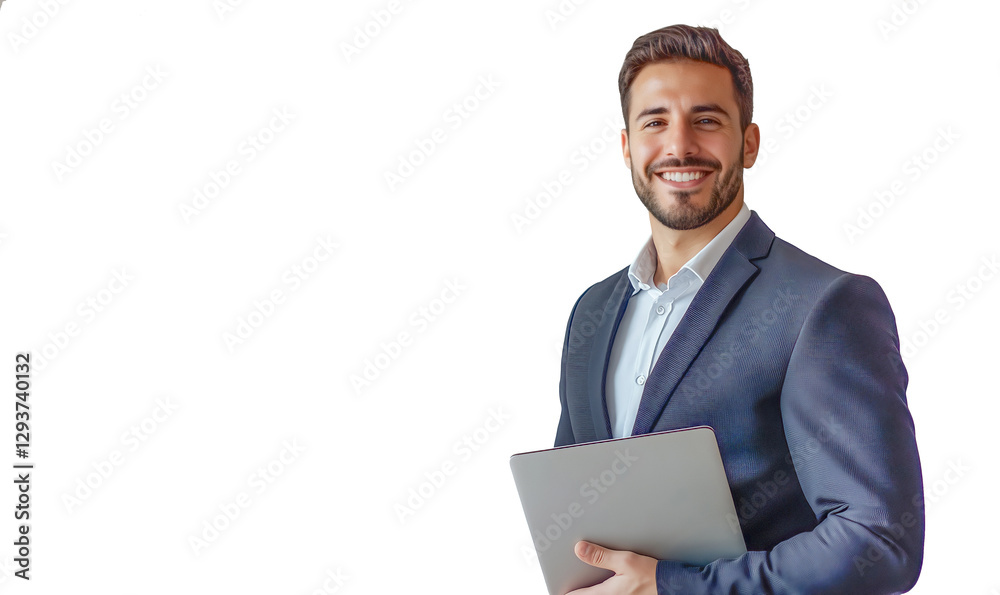 Confident Smiling Businessman Holding a Laptop on White Background Confident Smiling Businessman Holding a Laptop on White Background