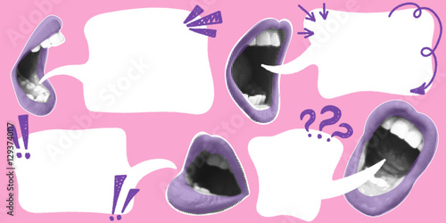 Trendy halftone collage lips with speech bubbles. Set of retro style halftone screaming mouths. Great for advertising banner for sale, promotion and marketing