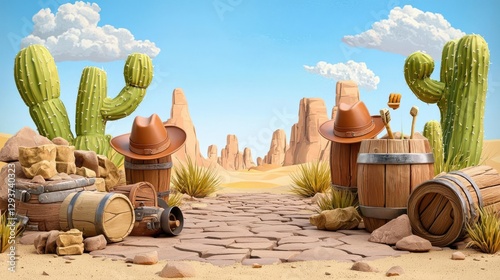Desert landscape with cacti, barrels, and cowboy hats, vibrant and playful setting.