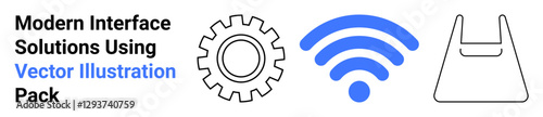 Gear for mechanics, wireless symbol for wireless connectivity, shopping bag for commerce. Ideal for technology, connectivity, e-commerce, digital solutions, industrial tools, retail marketing
