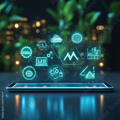 Wallpaper Mural ESG Concept with Holographic Icons on Tablet Highlighting Sustainability and Business Growth Torontodigital.ca