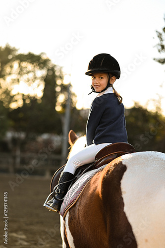 A young girl rider in a helmet and equestrian boots sits on her beloved horse at the stable, enjoying a peaceful horseback ride.