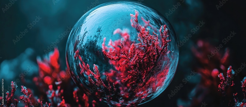 Naklejka premium Crystal Sphere Reflecting Red Flora, Dark Nature Background