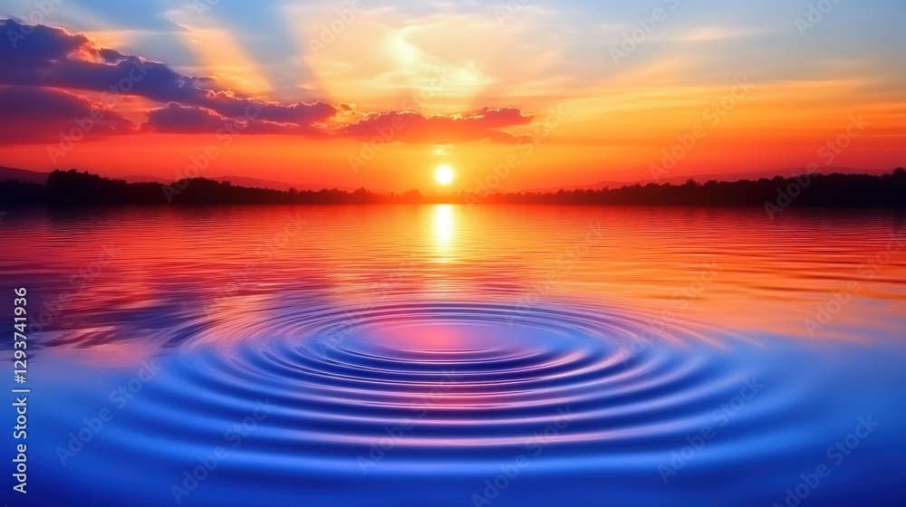 Fototapeta premium A beautiful sunset over a calm lake with a small ripple in the water. Generative AI