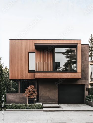 The modern house embodies minimalist architectural design and wooden paneling photo