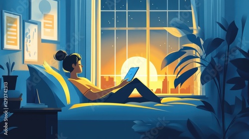 A woman is sitting on a bed with a laptop in front of her. Generative AI