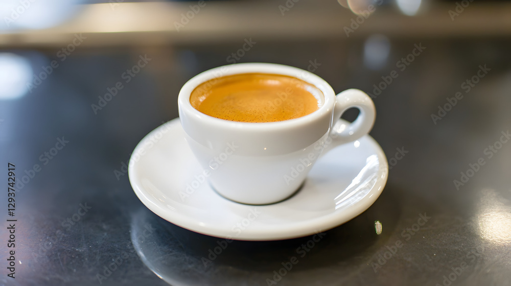 Fototapeta premium A white coffee cup with a brown liquid in it sits on a black counter