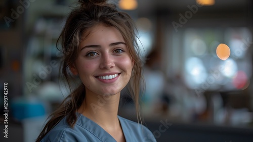 portrait of a young woman doctor. Smiling Young Female Dentist in a Modern Clinic. Confident Dental Professional with a Friendly Smile. Happy Healthcare Worker in Dental Office Setting