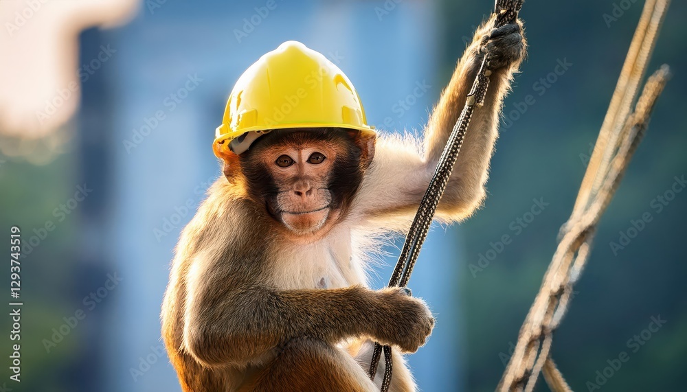 Fototapeta premium Playful Monkey Swinging from Construction Crane, Full of Mischief and Energy in the Urban Jungle, Capturing the Dynamic Spirit of a City Worksite.