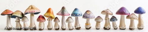 Multicolored hallucinogenic mushrooms, isolated on a white background