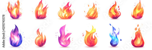 Set of bright and dynamic fire flames, isolated on a white background