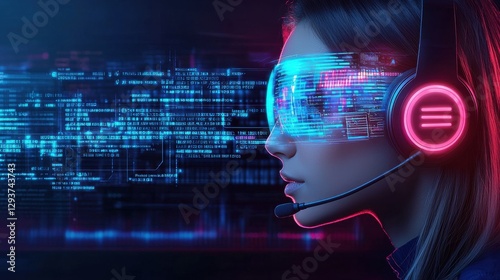 Futuristic Woman Wearing Holographic Headset Amid Glowing Neon Lights and Digital Data Code in Technocratic Landscape photo