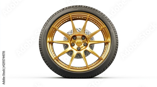 Gold alloy wheel, tire, studio, white background, automotive photo