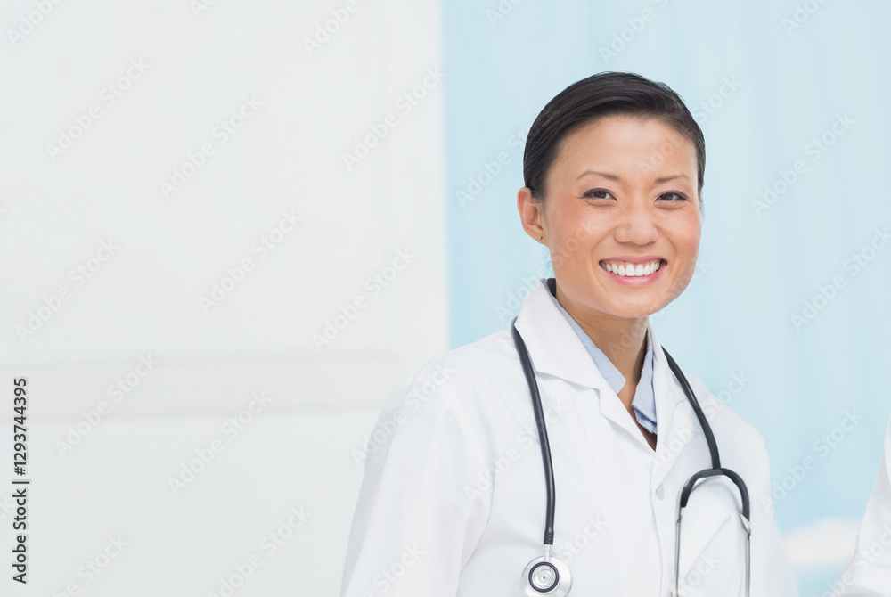 In hospital, Asian female doctor smiling confidently with stethoscope around neck, copy space In hospital, Asian female doctor smiling confidently with stethoscope around neck, copy space