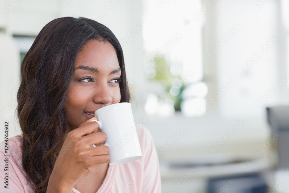 Smiling woman enjoying coffee at home, relaxing in bright kitchen, copy space Smiling woman enjoying coffee at home, relaxing in bright kitchen, copy space