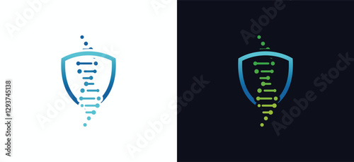 Vector illustration of dna genetic logo design with shield symbol